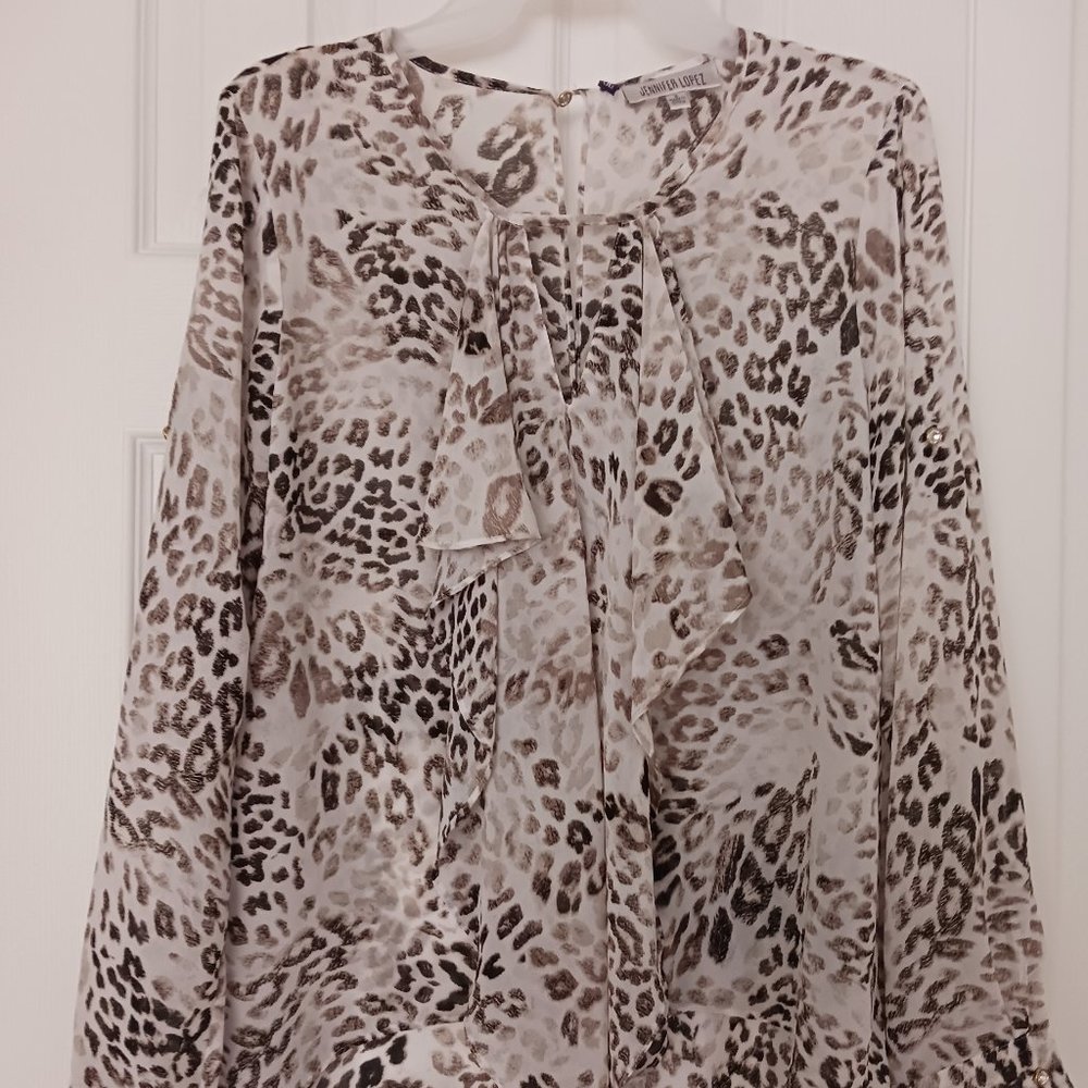 LAST CALL Jennifer Lopez Leopard Print Long Sleeve Roll Tab Blouse Top Size S